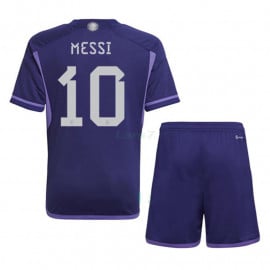 Camiseta Messi 10 Argentina 2ª Equipación 2022 Mundial 3 Estrellas Niño Kit