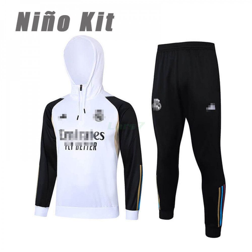 Sudadera de Entrenamiento Real Madrid 2023/2024 Con Capucha Niño Kit Blanco/Negro