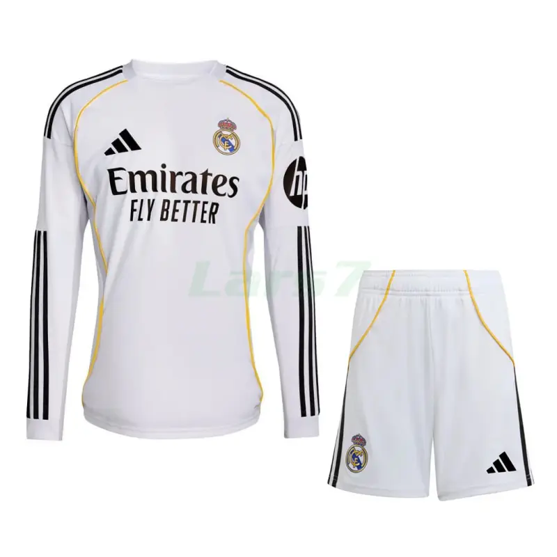 Camiseta Real Madrid 1ª Equipación 2025/2026 ML Blanco Niño Kit con Parche HP