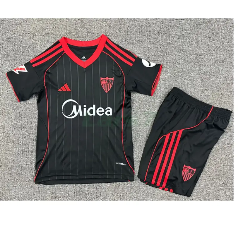 Camiseta Sevilla FC 3ª Equipación 2025/2026 Negro Niño Kit con Parche La Liga