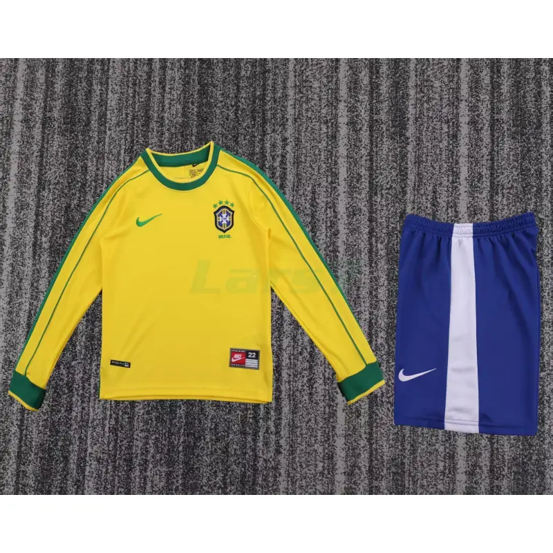 Camiseta Brasil 1ª Equipación Retro 1998 ML Amarillo Niño Kit