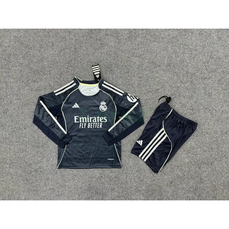 Camiseta Real Madrid 2ª Equipación 2025/2026 ML Azul Marino Niño Kit con Parche HP Camiseta Real Madrid 2ª Equipación 2025/2026 ML Azul Marino Niño Kit con Parche HP