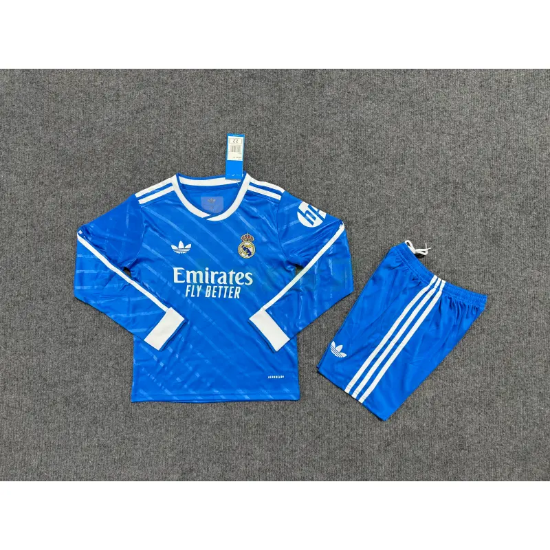 Camiseta Real Madrid 3ª Equipación 2025/2026 ML Azul Niño Kit con Parche HP