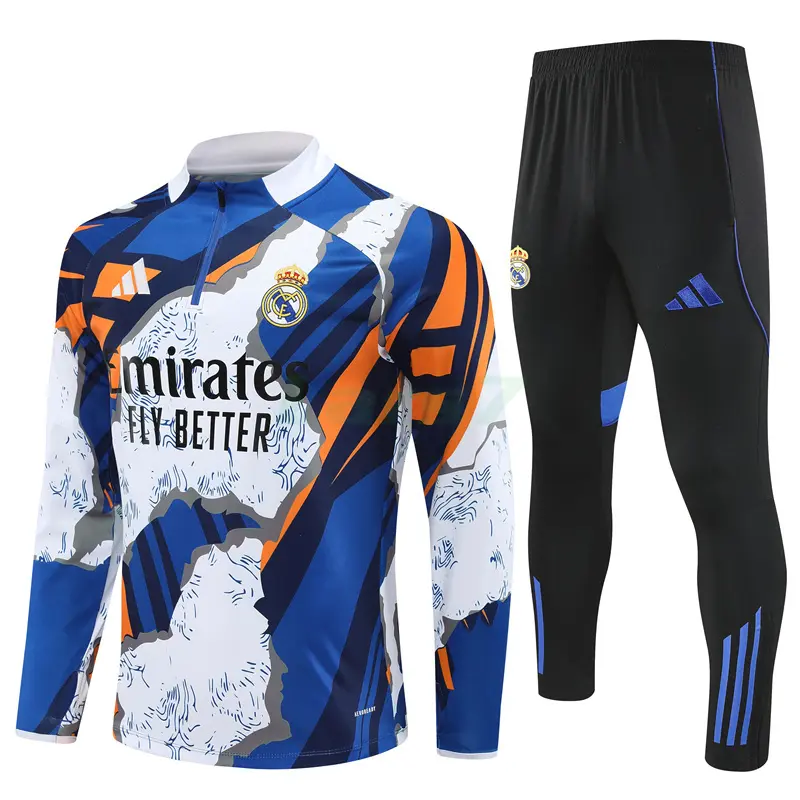Sudadera De Entrenamiento Real Madrid 2025/2026 Kit Blanco/Azul/Naranja con Estampado Camuflaje Sudadera De Entrenamiento Real Madrid 2025/2026 Kit Blanco/Azul/Naranja con Estampado Camuflaje