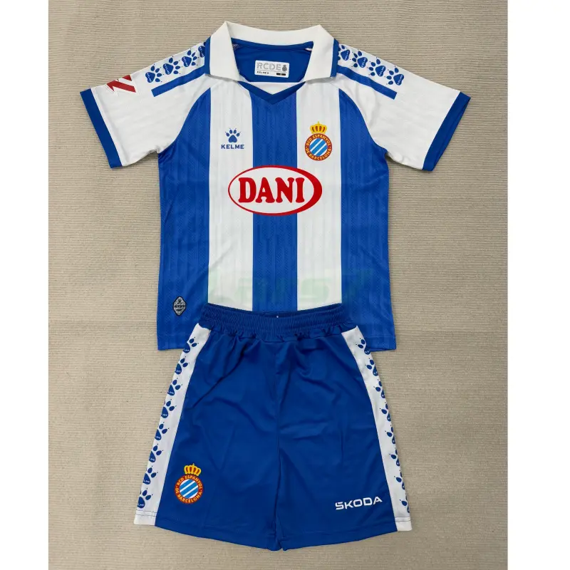 Camiseta Espanyol 1ª Equipación 2025/2026 Azul/Blanco Niño Kit con Parche La Liga